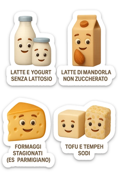 emoji stile iphone 3d di questi elementi che fluttuano in aria:

Latte e yogurt delattosati
Latte di mandorla (non zuccherato)
Latte di soia da proteine isolate
Formaggi stagionati (es. parmigiano)
Tofu compatto e tempeh
 che fluttuano in aria,  le etichette scrivile in italiano, iperealistico 4k sticker