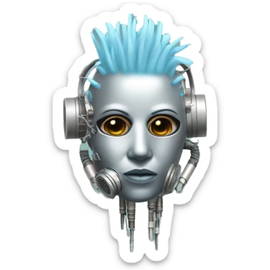Light blue Mohawk female cyborg head with silver respirator mask and circuits sticker
