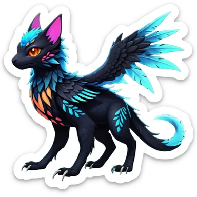 Black Dark Exotic Tropical Beaked Feathery Nocturnal Neon-glowing Abyssal Nightly Abyss-Cat-Gryphon-Salandit-Nargacuga-Silvally-Fakémon Creature (full body) sticker