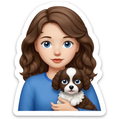 Baltic girl with fair skin, wavy brown hair, blue eyes, holding a fluffy black and white dog, apple emoji style sticker