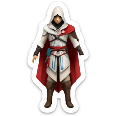 icon featuring Assasin's Creed in an iconic assassin's hood, standing tall against the backdrop of Florence. The design captures the essence of adventure, with intricate details of historical architecture and a sense of mystery. The character is poised, ready for action. transparent background. sticker