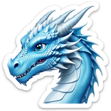 Cinematic Noble elegant Ice Dragon Portrait Emoji, Poised and imposing, distinct long elegant snout, with a slender, scaled body shimmering in glacial hues of icy blue, frostbitten silver, and crystalline white, breathing out frost, with piercing, glowing ice blue white eyes that radiate the chilling depths of an arctic storm; rendered in detail. sticker