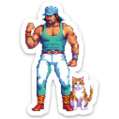 Razor Ramon wrestler from WWF defeating a cat wearing a cap sticker