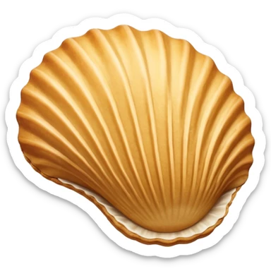 A madeleine pastry. Oval seashell shape with ONLY four to five vertical lines going in the same direction. Light golden brown. Scalloped edge. Cookie. Flat. Long. Oval shape. Lets scallops. Only four or five scalloped lines sticker