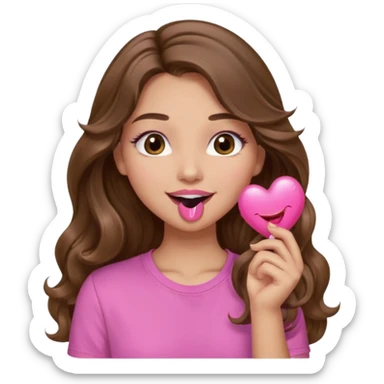 girl with long wavy brown hair, brown eyes, light to medium complexion, in a pink shirt, pink lips, long lashes, blowing a kiss sticker