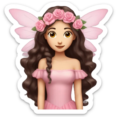 Beautiful, rose, fairy, pink, flowers in hair, long dark brown hair, big wings, fair skin sticker