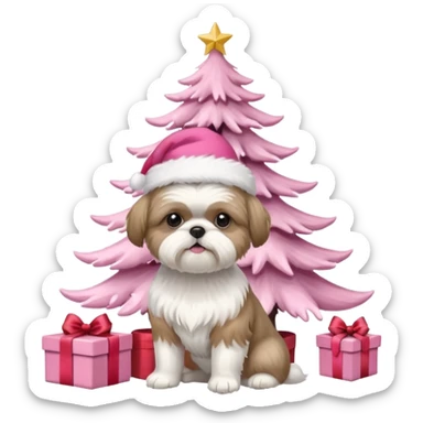 one little white all over shih tzu dog with pink santa hat with short hair sitting next to pink christmas tree sticker