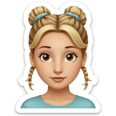 creative women with long dark Blond with highlights semi curly hair white women with hair in a top bun(one bun not two), oval shape face hazel eyes long lashes freckles on the nose high cheek bones sticker