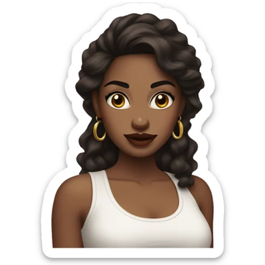 woman with long wavy dark brown hair, big dark brown eyes with thick eyelashes, thick round lips wearing a white tank top and gold earrings sticker