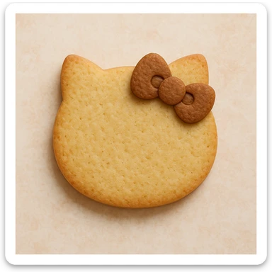 Create an image of a cookie shaped like a cat's head only, without the body. The cookie should have no face details. Add a brown bow on the head similar to Hello Kitty's bow, blending the bow naturally into the cookie design. The style should resemble a cookie with a cat head shape and a subtle bow. sticker