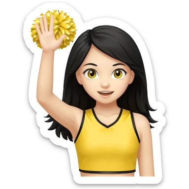 A long black hair teen girl waving pom-poms, eyes sparkling with excitement, yellow cheer leader top sticker