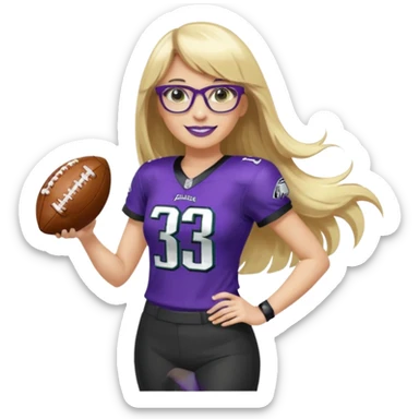 full length women wearing eagles uniform, long blonde hair, straight bangs, black glasses, holding football, number 33, smiling, purple lipstick sticker