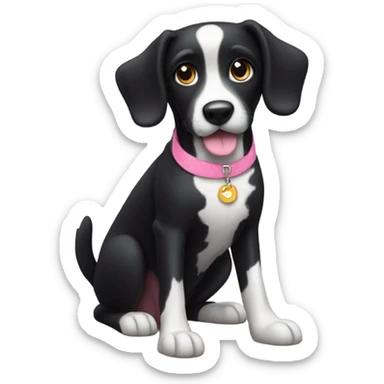 Black dog with white spotty legs and pink collar sitting sticker