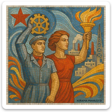 Soviet mosaic artwork reimagined as a modern Kerama Marazzi tile, detailed and colorful sticker