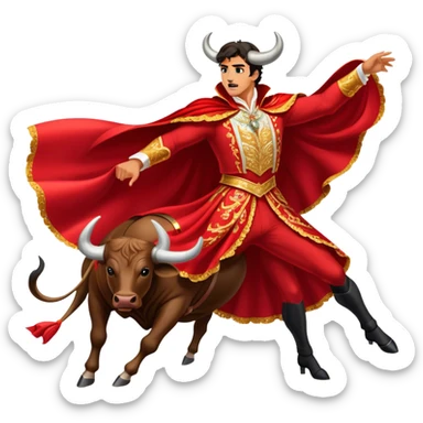 ​Cinematic Realistic Spanish Matador Holding a Red Cape, depicted in mid-action with a vibrant red cape flowing in the wind, dressed in an ornate traje de luces with shimmering details, confronting a charging bull in a dramatic arena, rendered with dynamic motion blur and vivid, high-contrast lighting, sticker