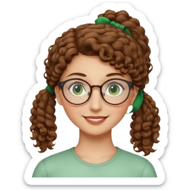 iranian woman, tight curly light brown hair in one high pony tail, glasses, green eyes, pretty, oval shape face, no hajib sticker