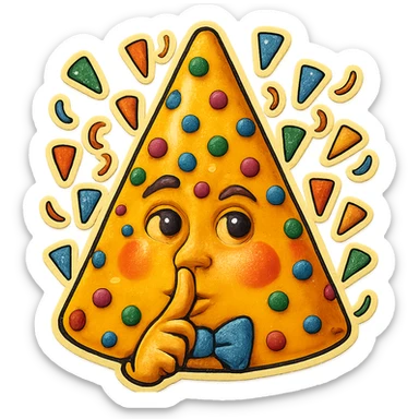 Add a finger in front of the pursed lips to clearly show the shushing gesture, keeping the cone party hat, confetti, and cheerful expression, no background. sticker