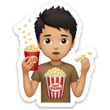 generate a pretty tan bratz boy with a brown tshirt on. eating a popcorn. messy black hair sticker