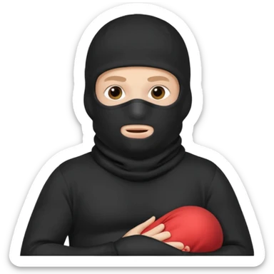 a man who is pregnant and wears a balaclava in his face and we can see his stomach who is bulging and pregnant sticker