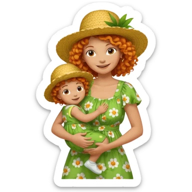 A cheerful orange curly hair mom in a straw hat carrying her child, wearing a green flowery dress sticker