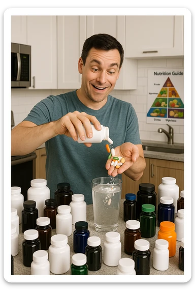 a man stands in his kitchen, enthusiastically pouring multiple supplement pills and powders into a large glass of water. The kitchen counter is cluttered with dozens of supplement bottles, and his expression is confident but slightly oblivious. In the background, a nutrition guide or food pyramid is ignored, highlighting his focus on supplements over balanced nutrition. sticker