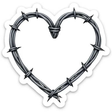 Minimal black line art heart made from barbed wire, hand-drawn sketch look, uneven ink strokes, 6–7 barbs with twisted knots, simple clean outline, centered on plain white background, high contrast sticker