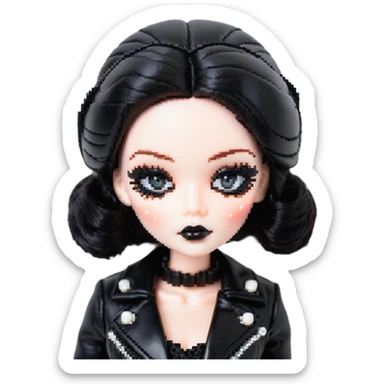 Chucky's bride doll with black lipstick, black dress, leather jacket, smoky eye makeup sticker