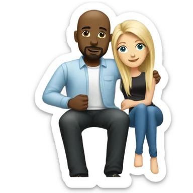 Blonde woman with blue eyes and long straight hair and black man who is bald with a goatee seated together on a sofa enjoying a passionate embrace.   sticker