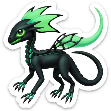 Obsidian-black and neon-glowing-green skeletal Meloetta-Salandit-Gorebyss-Salazzle-Pokémon-Fakémon-creature-fusion-hybrid sticker