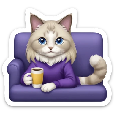 a cute blue eyed brown and white ragdoll cat with white paws and brown and beige tail wearing the dark violet sweater with yellow letteting "Milena" sitting on a grey sofa with grey laptop branded lettering "Lenovo", it` not brand Apple - only Lenovo and drinking coffee sticker
