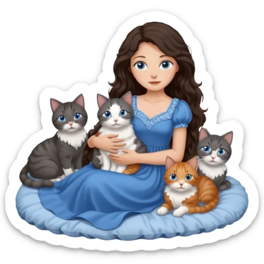detailed realistic looking a dark grey and white cat regally laying with six other cats, cuddling with their owner in bed who is a pretty bratz lightly tanned white girl with long dark brown hair, blue eyes and gorgeous long wavy hair wearing a pretty detailed dress sticker