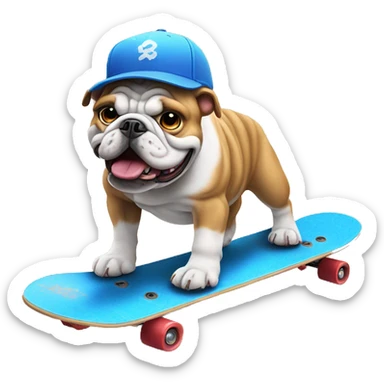Bulldog with a blue baseball cap skateboarding by the beach sticker