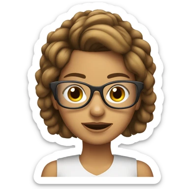 chica blanca con lentes de cabello castaño con computadora o celular sticker