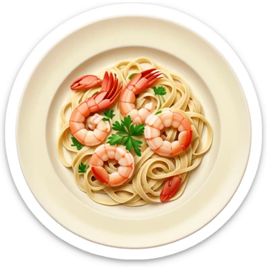 create a Whole Shrimp Linguini stylized thicker  with white plate Camera angle: slightly elevated top-down view with a gentle bird’s-eye perspective (about 15–20°), identical perspective and scaled do not add anything on plate


 sticker