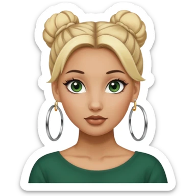 A girl with tan skin and dark green eyes with her blonde hair up in a bun and wearing heavy makeup and has large hoop earrings sticker