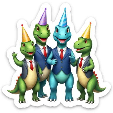 three office dinosaurs in office suits celebrating birthday sticker