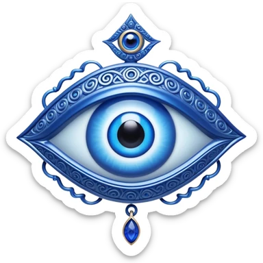 Cinematic Realistic depiction of a classic Evil Eye talisman, rendered with intricate details and vibrant blue hues, set against a soft, ethereal backdrop that underscores its protective symbolism sticker