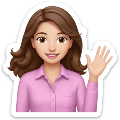 girl with wavy long brown hair, brown eyes, light to medium complexion, long lashes, light pink lipstick, smiling, wearing light pink shirt, waving motion sticker
