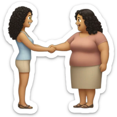 tan chubby woman with black curly hair shakes hands with a chubby pale woman who has straight light brown hair sticker
