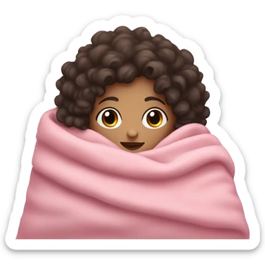 girl with curly dark hair and pale skin cuddled in a pink blanket sticker