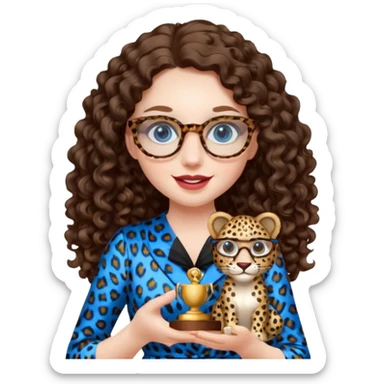 A girl with white pale skin, blue eyes, full lips, brunette LONG curly hair. She has a leopard print round-ish shaped glasses. She is wearing a white plain silk dress. She is holding an award and happy sticker