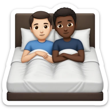 White dark hair adult male, adult black male , naked, spooning on top of bed, front to back sticker