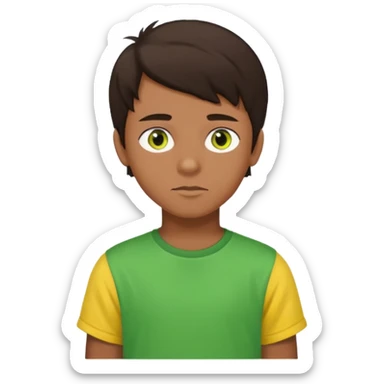 A portrait of a 14-year-old boy, he's got dark-brown hair, brownish skin and green hazel eyes. he's wearing a t-sirt with yellow sleeves. sticker