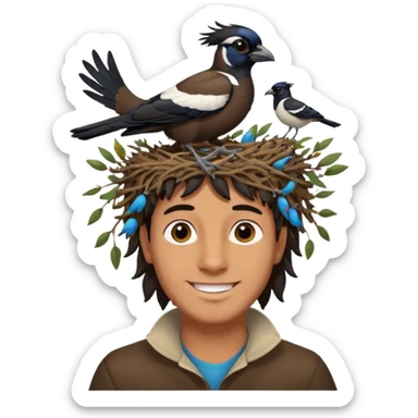 A man who has an Australian magpie, birds nest on top of his head for hair sticker