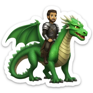 Determined armored White Man with dark brown pompadour hair and a short beard riding on the back of a giant green dragon sticker