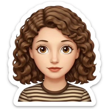 fair-skinned caucasian woman, 40s, chin-length wavy/curly/unruly brown-ish hair with a few white stripes, hazel eyes sticker