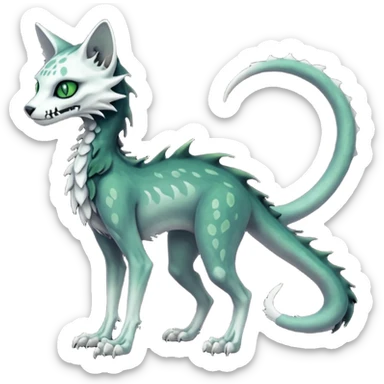 Scaley Macabre spectral spooky dark bleak blackish swampy white-skeletal gloomy ghostly dark greyish dark-deep-greenish foggy eldritch beautiful realistic edgy fantasy ghoul-like stitched feline-vernid-sergal-fursona animal creature with a tufted tail full body with intricate markings  sticker