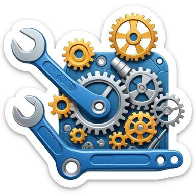 An icon featuring gears, a wrench, and a blueprint, symbolizing engineering. The design includes a mechanical arm, circuit boards, and construction tools, representing innovation, problem-solving, and technological advancement. Transparent background highlights the science of design sticker