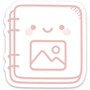 Create a soft and cute photo album/gallery icon in Japanese hand-drawn style with a pink theme, matching the reference style, suitable for a mobile home screen. Transparent background. sticker