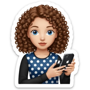 generate a pretty woman with blue eyes, light skin and medium brown curly shiny hair holding an iphone with a black and white polka dot case. she is looking at the phone and holding it in her hand. she is wearing a black long sleeve sticker